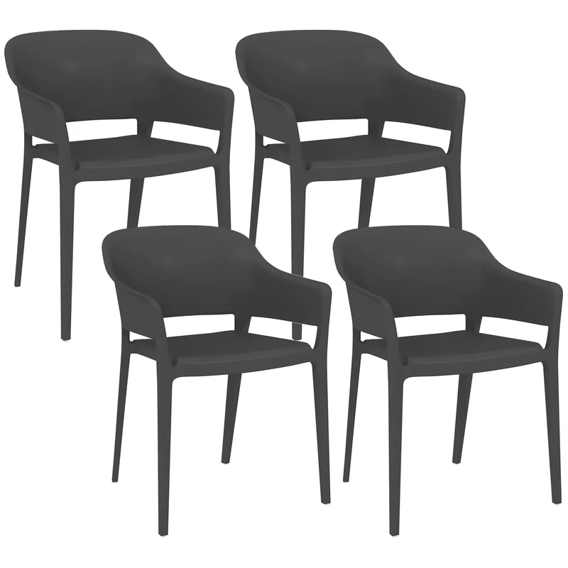 EasyComfort Set 4 Sedie da Giardino in Plastica Impilabili con Braccioli e Schienale Alto in PP, Nero