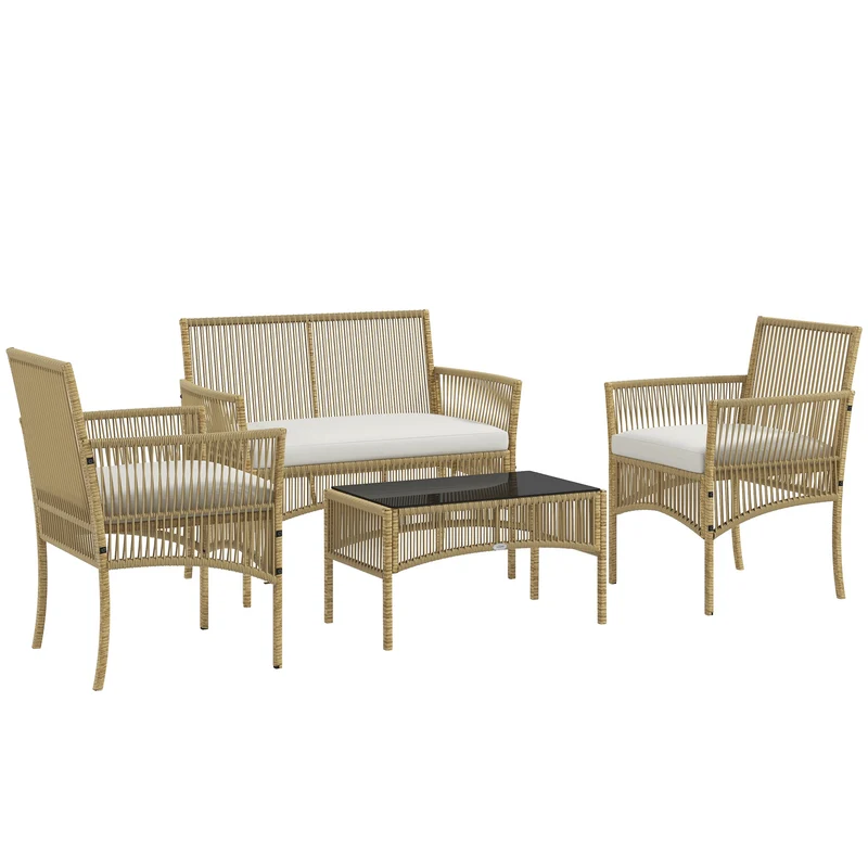 EasyComfort Set da Giardino in Rattan da 4 Pezzi con 2 Poltroncine, Divano e Tavolino da Caffè, Naturale e Nero
