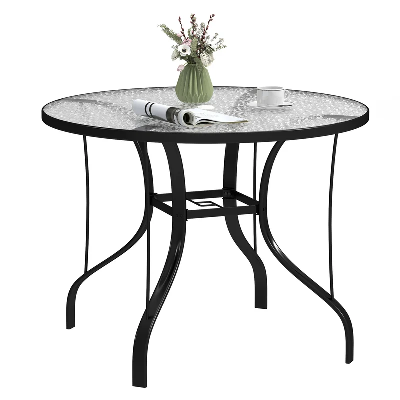 EasyComfort Tavolino da Giardino Rotondo con Foro per Ombrellone, in Metallo e Vetro Temperato, Ø96.5x71 cm, Nero