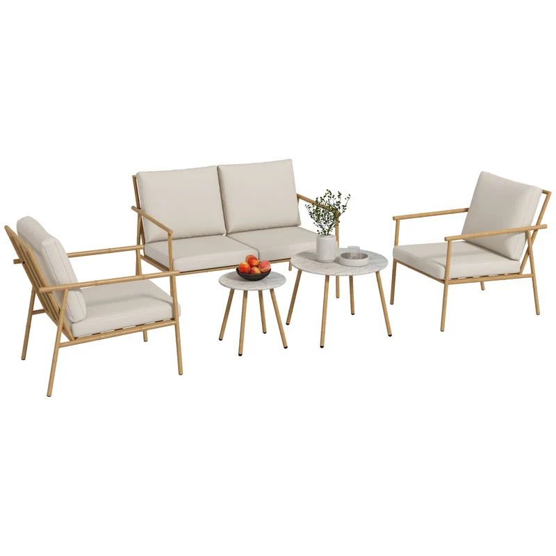 EasyComfort Salotto da Giardino con Divano, 2 Poltroncine e 2 Tavolini Effetto Bambù con Cuscini, Marrone