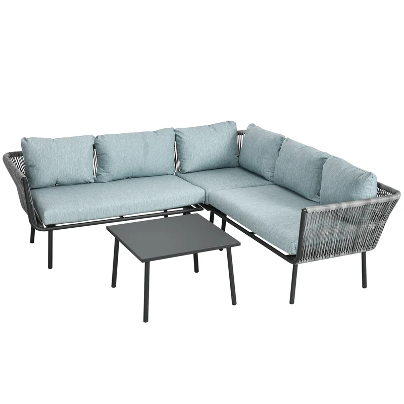 EasyComfort Set da Giardino 4 Pezzi in Rattan con Tavolino da Caffè, 2 Divani ad Angolo e Poltroncina, Nero Grigio e Blu