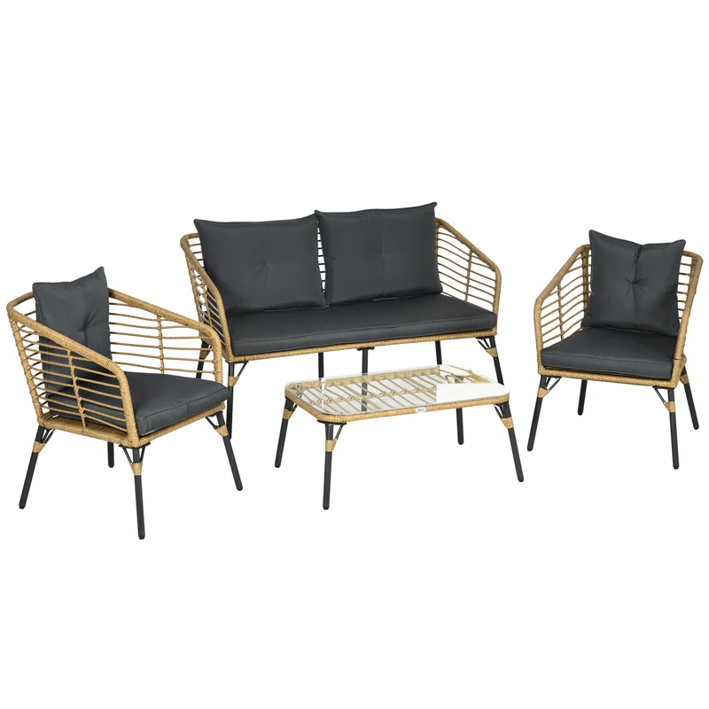 EasyComfort Set da Giardino 4 Pezzi in Rattan PE e Acciaio con 2 Sedie, Divano 2 Posti e Tavolino, Marrone Nero e Grigio