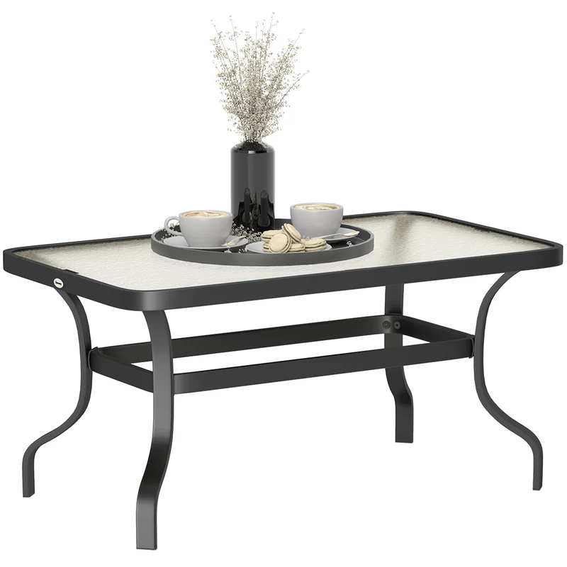EasyComfort Tavolino da Esterno Rettangolare in Metallo Nero con Piano in Vetro Temperato, 95x55x46 cm