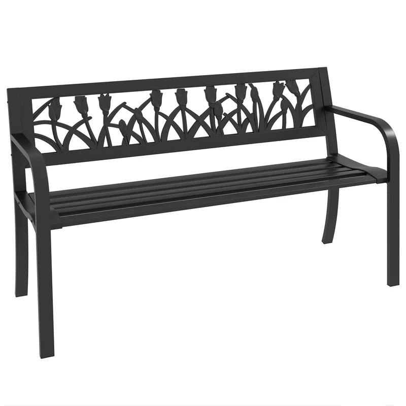 EasyComfort Panchina da Giardino a 2 Posti in Acciaio con Schienale Decorato e Braccioli, 125x50x75cm, Nero