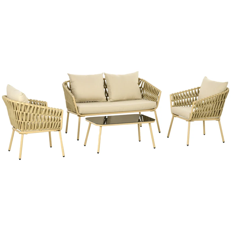 EasyComfort Salotto da Esterno con Divano 2 Posti, 2 Poltrone con Cuscini e Tavolino in Vetro