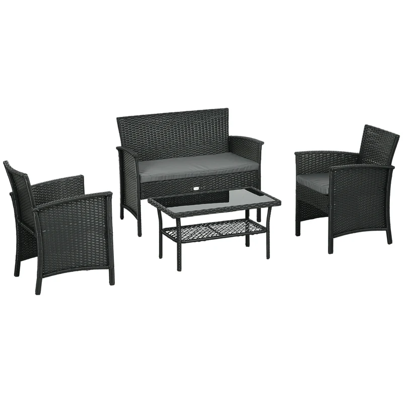 EasyComfort Salotto da Esterno Rattan PE con Divanetto, 2 Poltrone con Cuscini e Tavolino in Vetro, Nero e Grigio