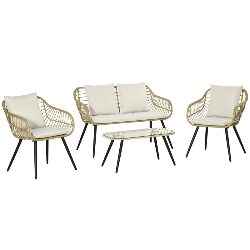 EasyComfort Set da Giardino 4 Pezzi con 2 Sedie da Giardino, Divanetto 2 Posti e Tavolino Basso, Naturale e Crema