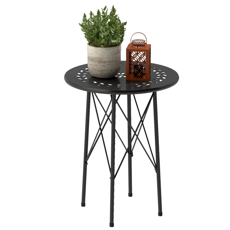 EasyComfort Tavolino da Giardino con Intagli a Fiori e Foglie, Tavolo da Esterno e Interno, Ø40x50 cm, Nero