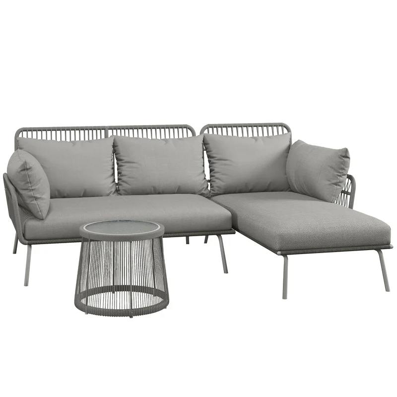 EasyComfort Set da Giardino in Rattan PE Stile Boho, Divano 2 Posti con Chaise Longue e Tavolino, Grigio Chiaro