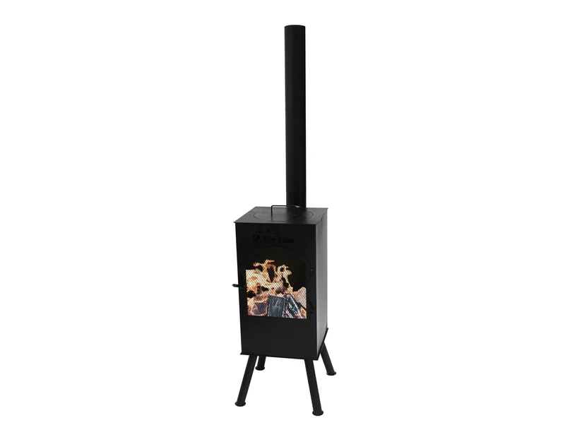 Stufa a legna in acciaio nero con uscita per la canna fumaria