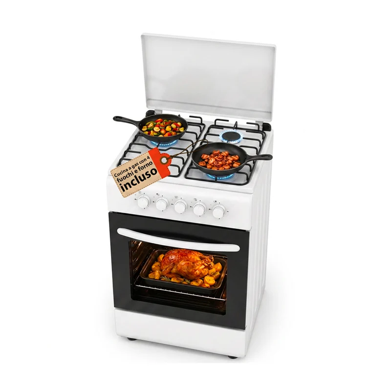 Cucina a Gas 50x50 cm con Forno a Gas 49 Litri, 4 Fuochi di Diversa Potenza, Valvole di Sicurezza e Coperchio