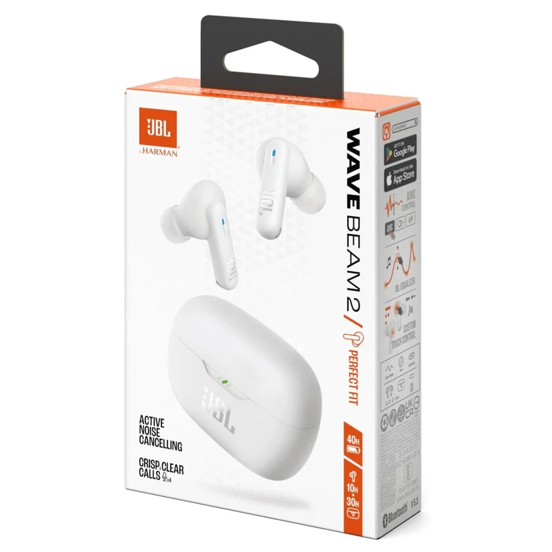 Jbl Auricolari (Wave Beam 2) Perfect Fit, In-Ear, Ip54, Cuffie Connessione Multipoint Bluetooth True Wireless Senza Filo, Cancellazione del Rumore, 40 ore di autonomia,White/Bianco