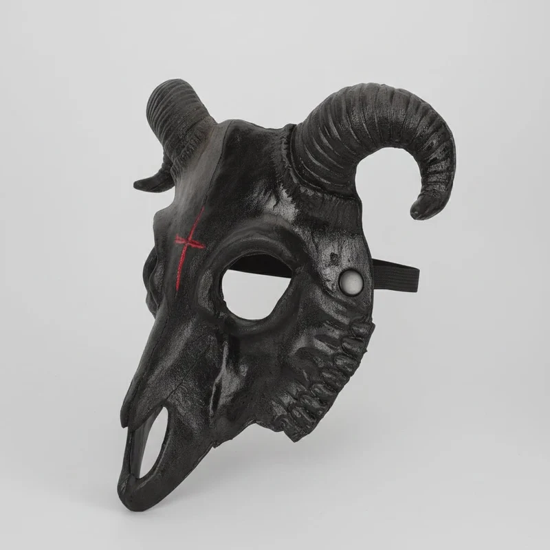 Halloween Goat Skull Mask with Horns and Red Cross for a Costume Party