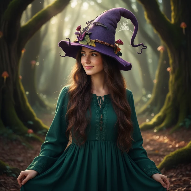 Halloween Felt Witch Hat with Decorative Flowers and Mushrooms for Costumes