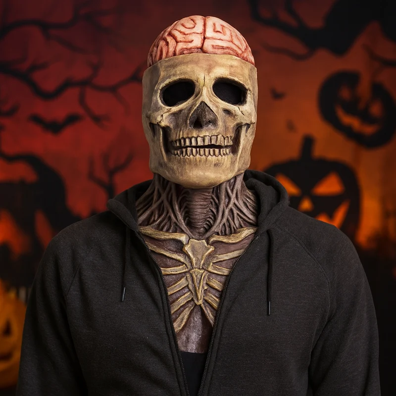 Halloween Latex Skull Mask with Exposed Brain and Rib Cage for Parties