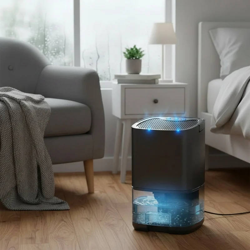 Portable Compact Air Dehumidifier with a Transparent Tank and Moisture Removal