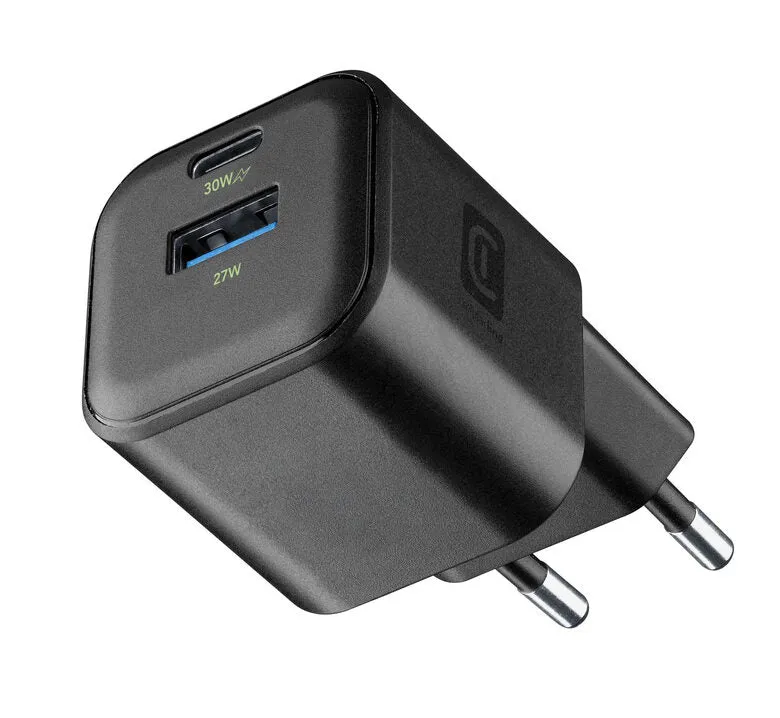 Cellularline MULTIPOWER 2 GAN ENTRY A+C 30W Caricabatterie da rete compatto 30W con 2 porte USB-C e USB-A con tecnologia GAN
