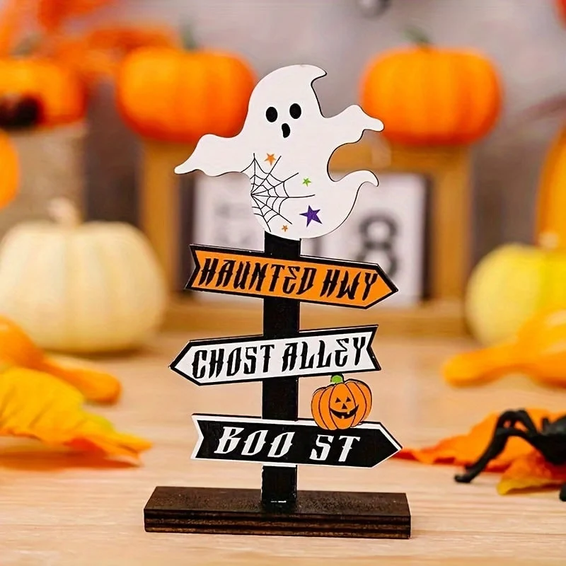 Halloween Wooden Signpost Decorations with Directional Arrows and Tabletop Text Labels