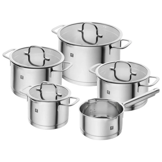 Zwilling 66920-005-0 TrueFlow Set di pentole 5 pezzi Acciaio inossidabile 18-10 con fondo SIGMA Classic+ e coperchi in vetro colore Argento