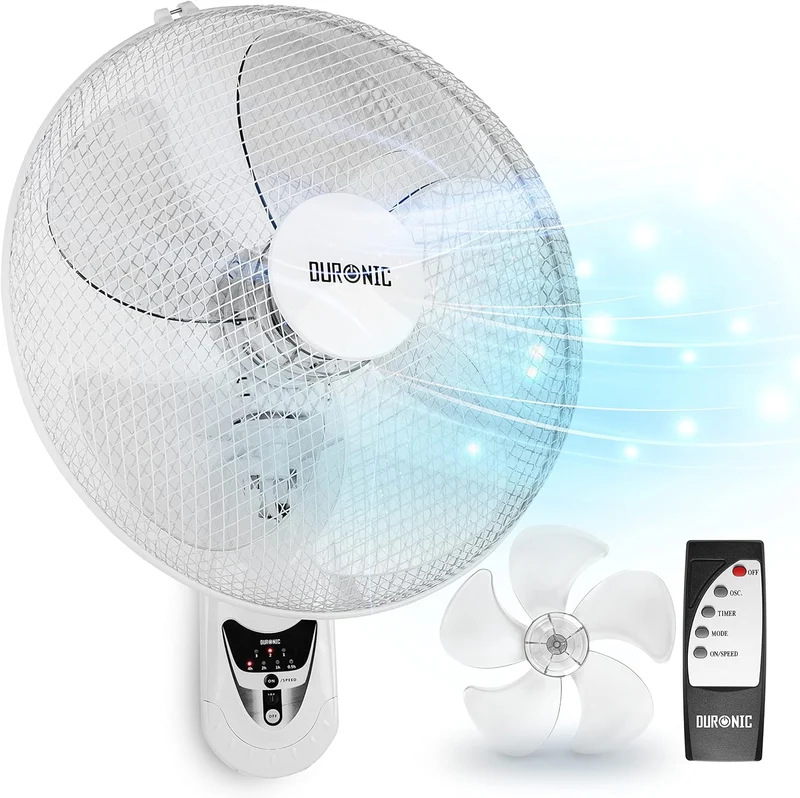 Duronic FN55 WE Ventilatore da Parete Silenzioso con Telecomando, Ventilatore Oscillante a Muro 3 Velocità, Timer, Montaggio Facile, Ventola Potente e Salvaspazio per Casa o Ufficio, Nero