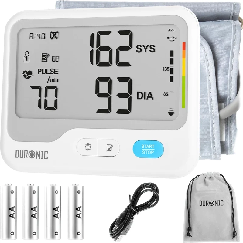 Duronic BPM125 Misuratore di Pressione da Braccio Digitale, Sfigmomanometro Automatico con Bracciale Regolabile, Memoria, Display Luminoso,Rilevazione Aritmie, 4 Batterie AA Incluse