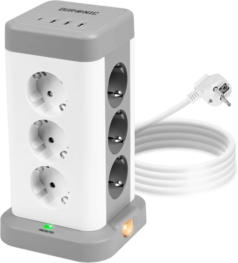 Duronic ET12C Multipresa Torre 3680W con 12 Prese Schuko + 4 USB (USB-A + USB-C), Ciabatta Elettrica Verticale con Protezione Sovraccarico e Cavo 1.8m, Torre Multipresa USB Casa Ufficio Gaming TV