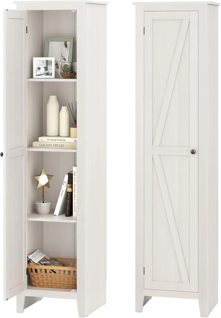 Mobile Bagno 43 x 39,5 x 183 cm, Colonna Bagno con Ante e 4 Ripiani, Armadietto Salvaspazio Alto a Colonna in MDF, per Soggiorno, Cucina e Ufficio (Bianco)