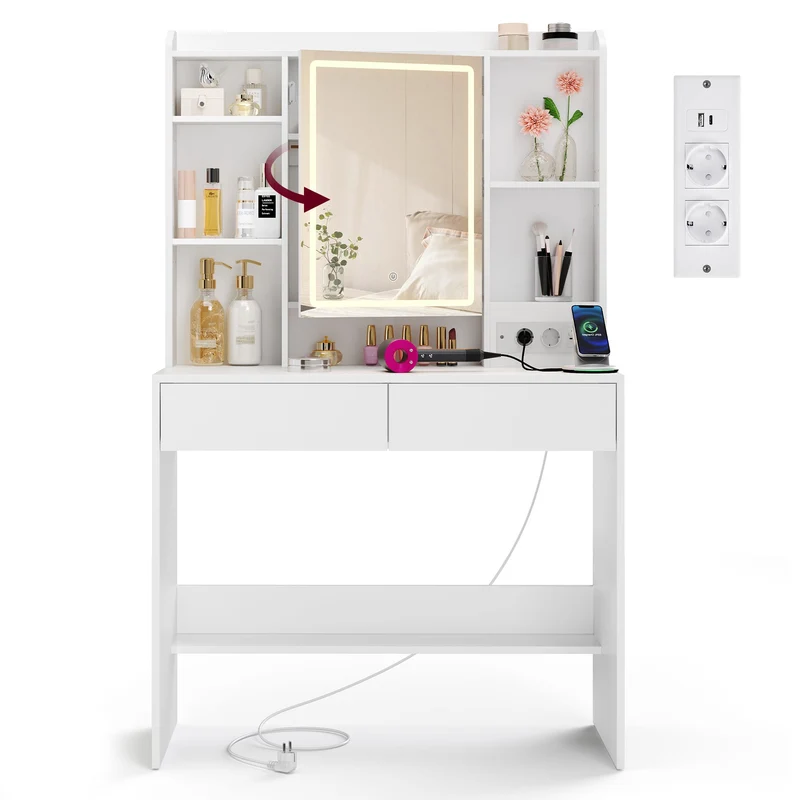 Toeletta con specchio LED e ripiani regolabili