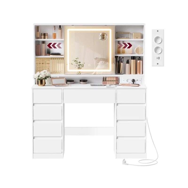KAILYN Collezione - Toeletta con specchio LED multipresa e nove cassetti