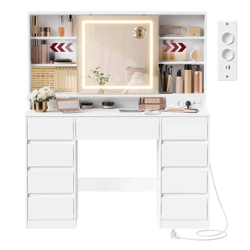 KAILYN Collezione - Toeletta con specchio LED multipresa e nove cassetti