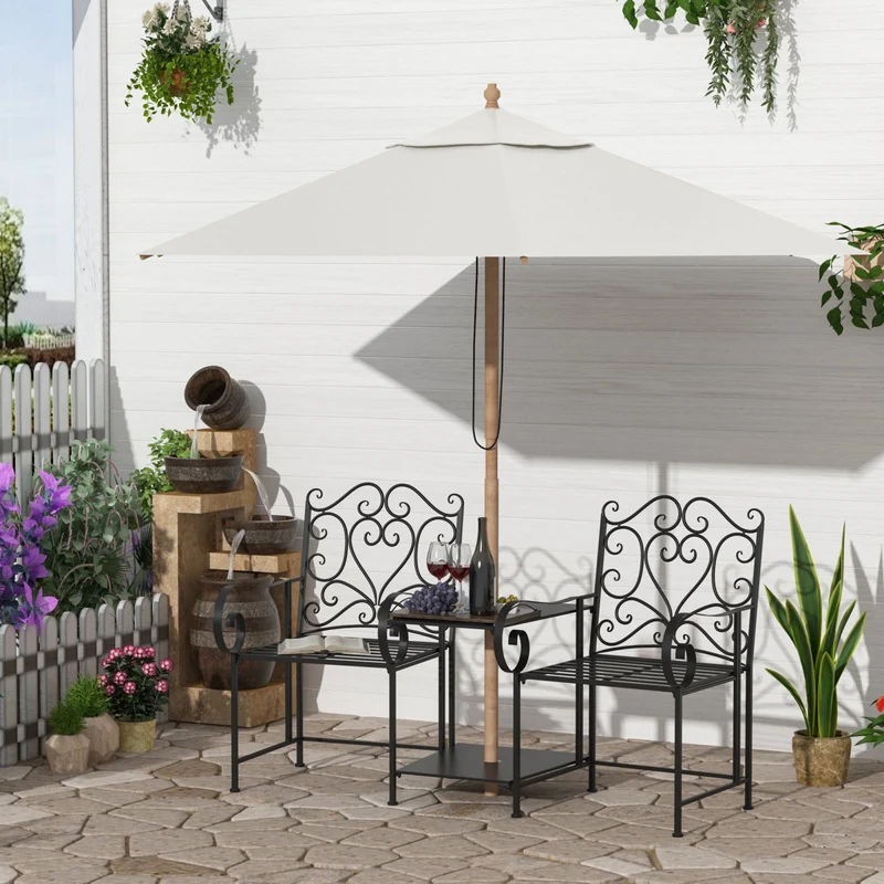 EASYCOMFORT Panchina da Giardino 2 Posti con Tavolino e Foro per Ombrellone Nero