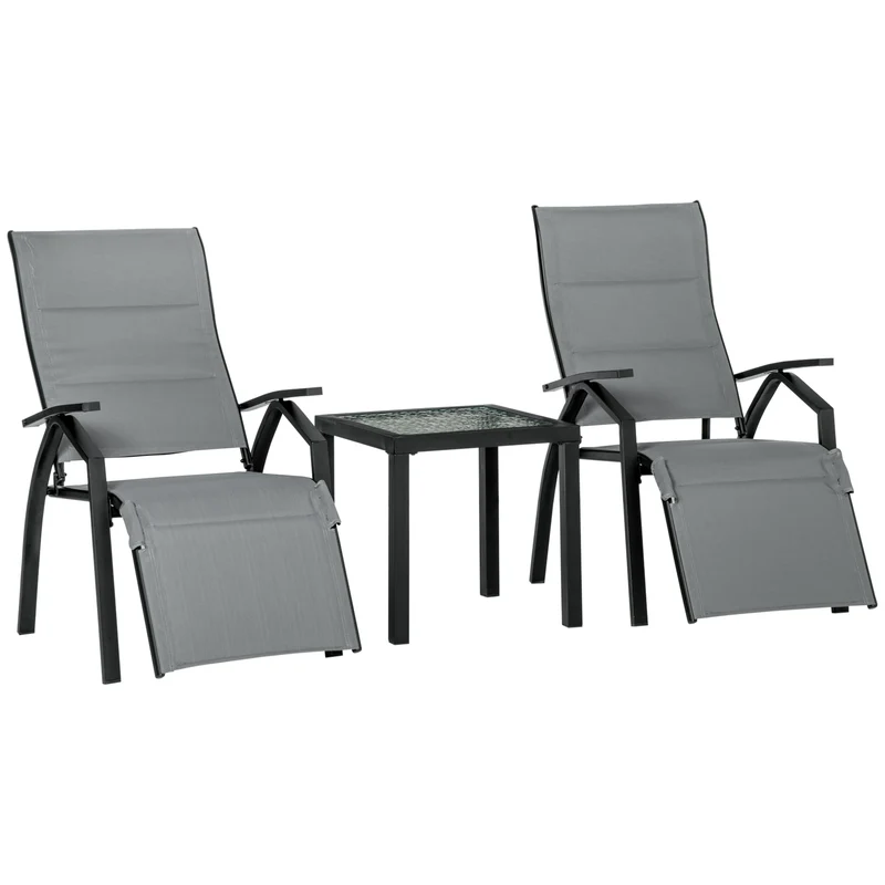 EASYCOMFORT Set da Giardino con 2 Sedie a Sdraio Reclinabili Imbottite e Tavolino in Vetro, Grigio