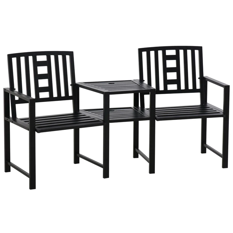 EASYCOMFORT Panchina da Giardino in Metallo con Tavolino e Foro per Ombrellone Nero