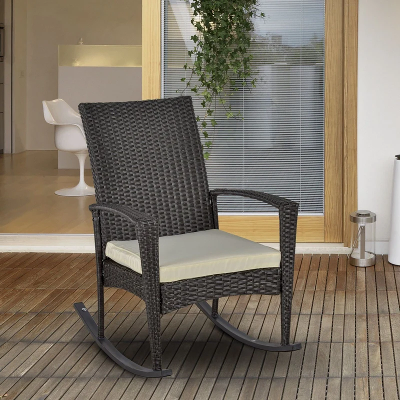 EASYCOMFORT Sedia a Dondolo da Giardino in Rattan PE con Cuscino e Braccioli per Arredamento da Esterno 66x88x98cm Marrone