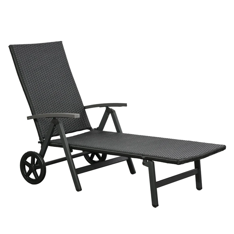 EASYCOMFORT Lettino Sdraio Prendisole in PE Rattan e Alluminio con Ruote Nero