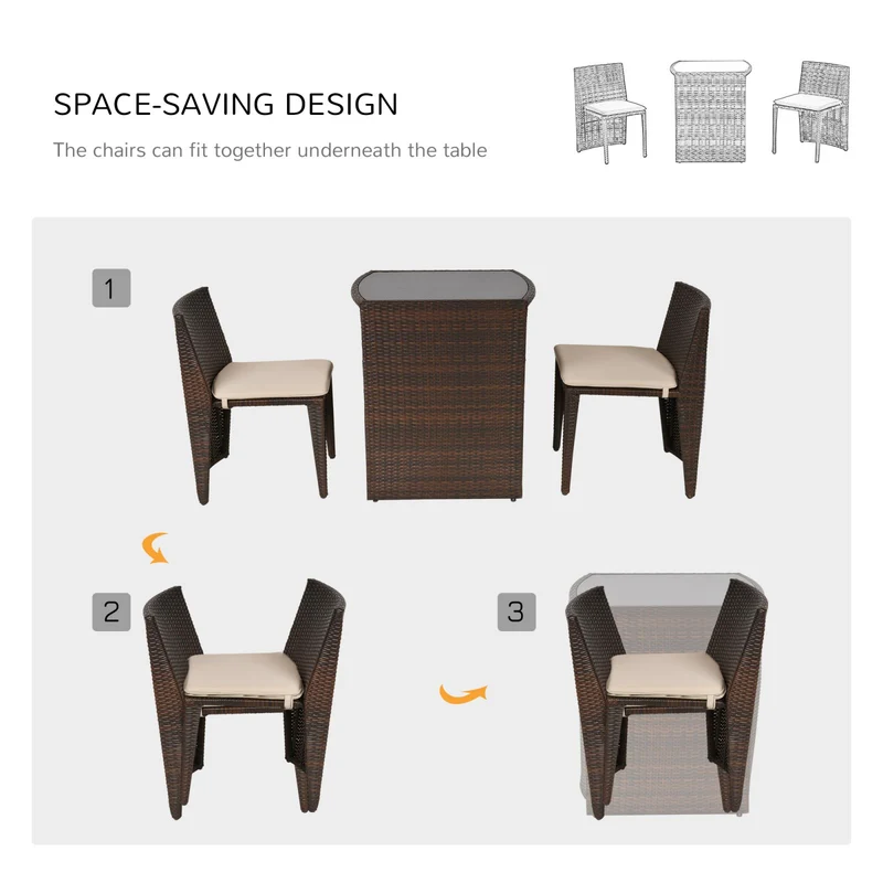 EASYCOMFORT Set Mobili da Giardino Salvaspazio con 1 Tavolo e 2 Sedie in Rattan PE Marrone