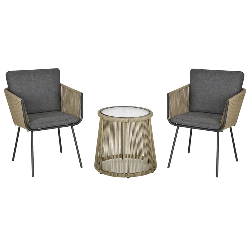 Easycomfort Set 2 Poltroncine con Tavolino da Esterno in Rattan PE Stile Boho, Cachi e Grigio