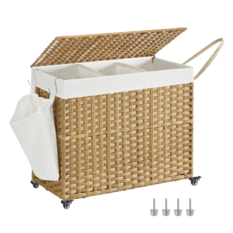Carrello Portabiancheria a 3 Scomparti in Rattan