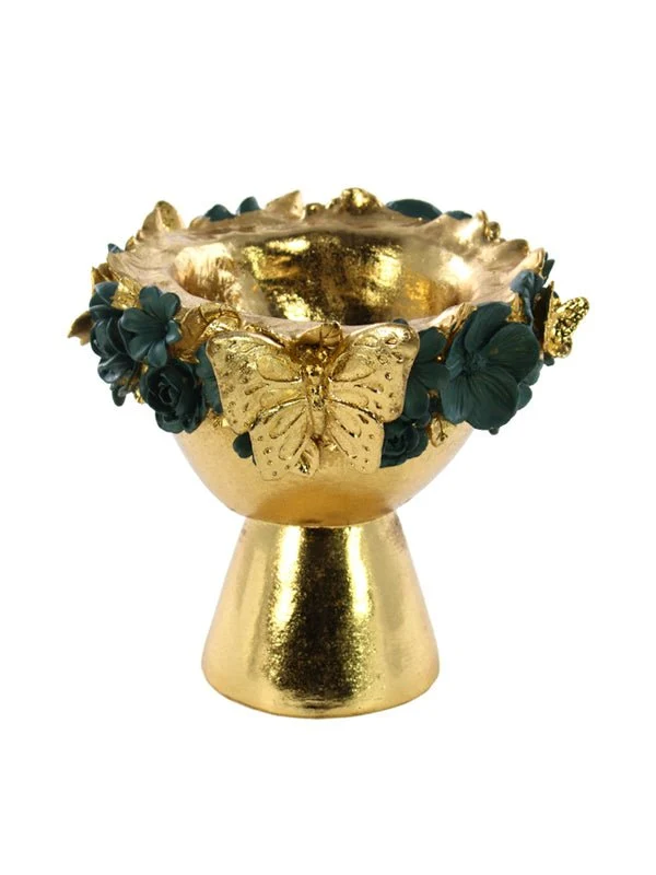Vaso Decorativo Oro con Fiori Verdi e Farfalla