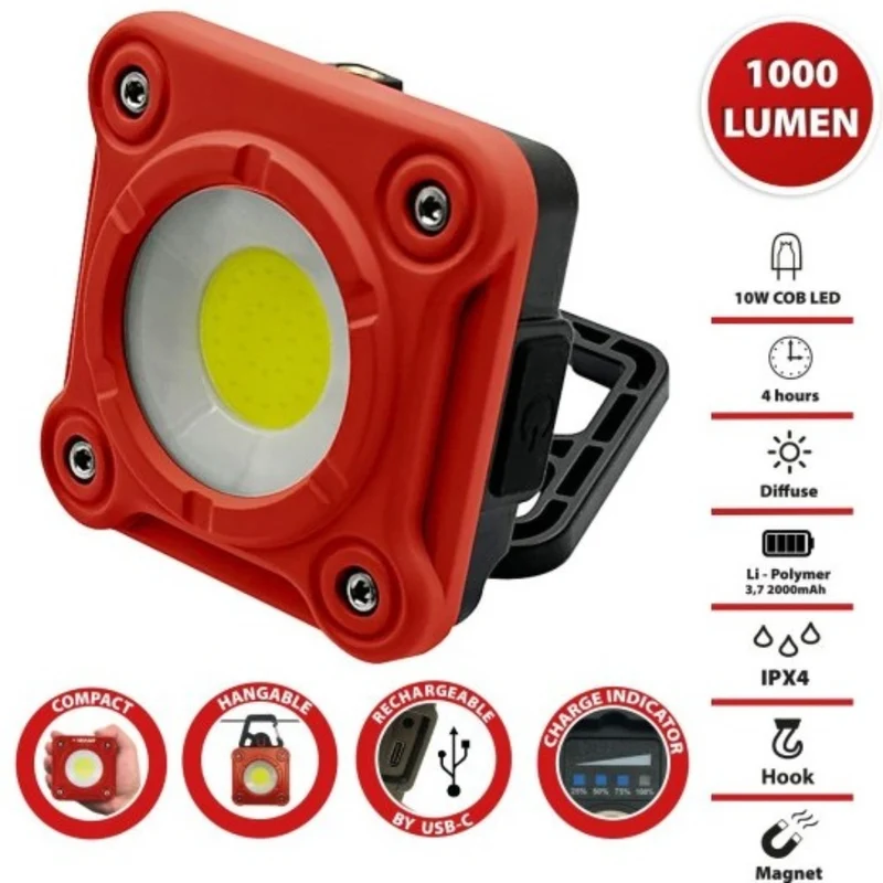 Proiettore Ricaricabile LED 10W, Torcia potente COB con Magnete, gancio e supporto orientabile. Impermeabile. Espositore 6pz.