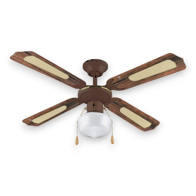 Ventilatore a soffitto 107 cm con 4 pale effetto legno vintage e plafoniera singola in vetro