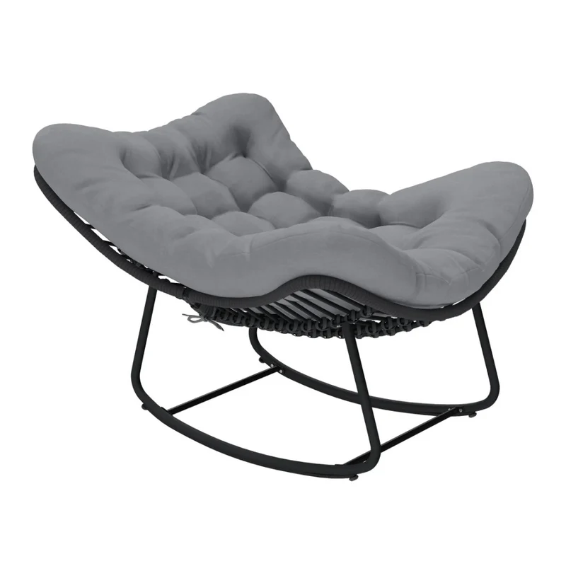 EasyComfort Sedia a Dondolo Stile Boho in Rattan e Metallo con Cuscino Morbido Grigio Scuro