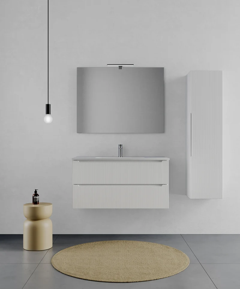 Consolle Bagno Legnox Rigo 80 cm Bianco Neve con 2 Cassetti, Lavabo, Specchio e Lampada