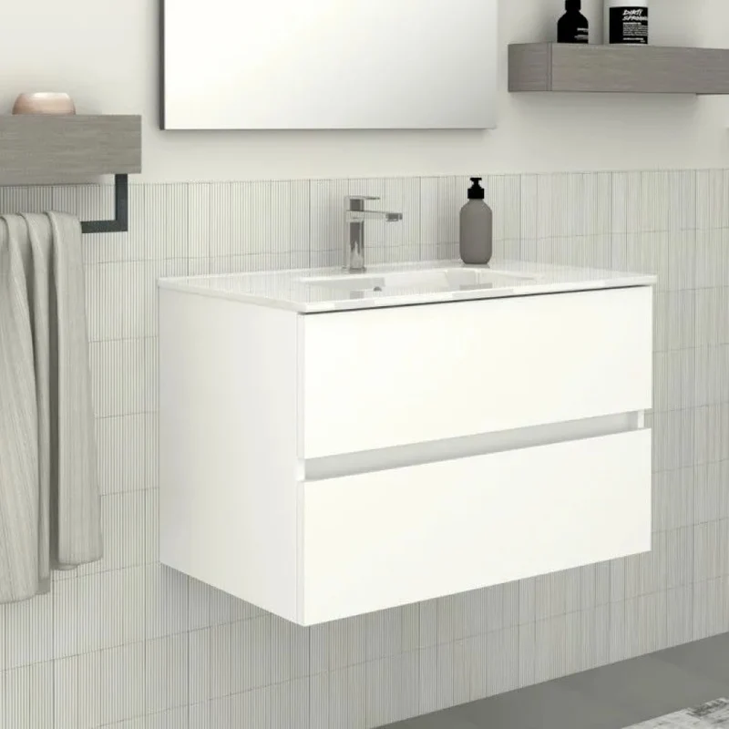 Consolle Bagno Legnox Crea 80 cm Bianco Opaco con 2 Cassetti, Lavabo, Specchio e Lampada