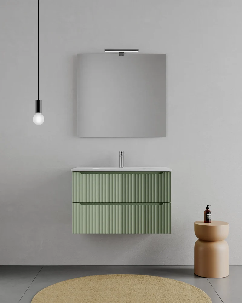 Consolle Bagno Legnox Rigo 100 cm Verde con 2 Cassetti, Lavabo, Specchio e Lampada