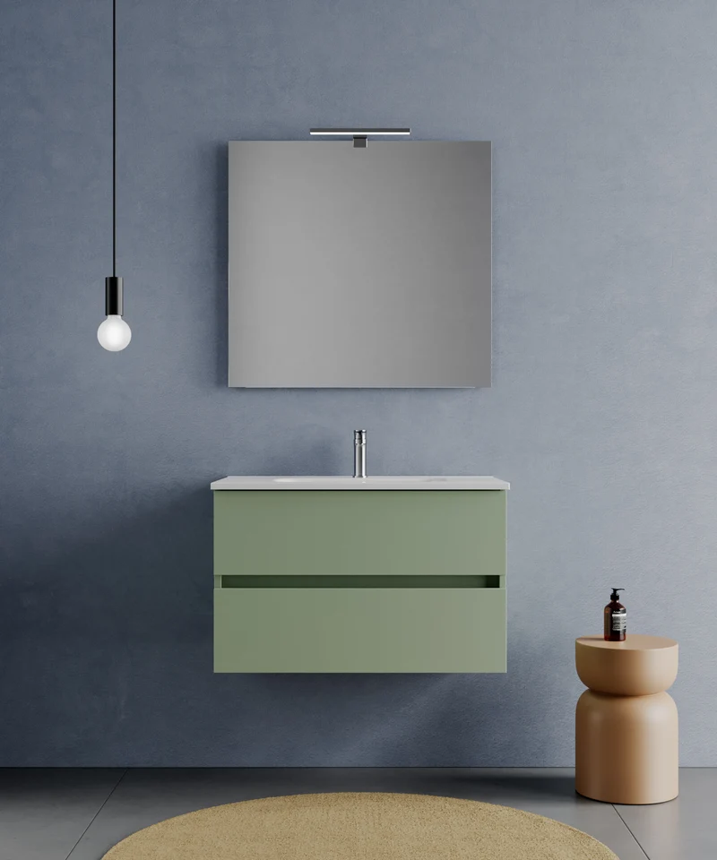 Consolle Bagno Legnox Crea 80 cm Verde con 2 Cassetti, Lavabo, Specchio e Lampada