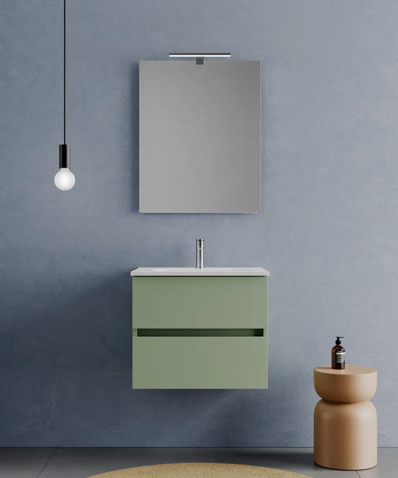 Consolle Bagno Legnox Crea 60 cm Salvia 2 Cassetti, Lavabo, Specchio e Lampada