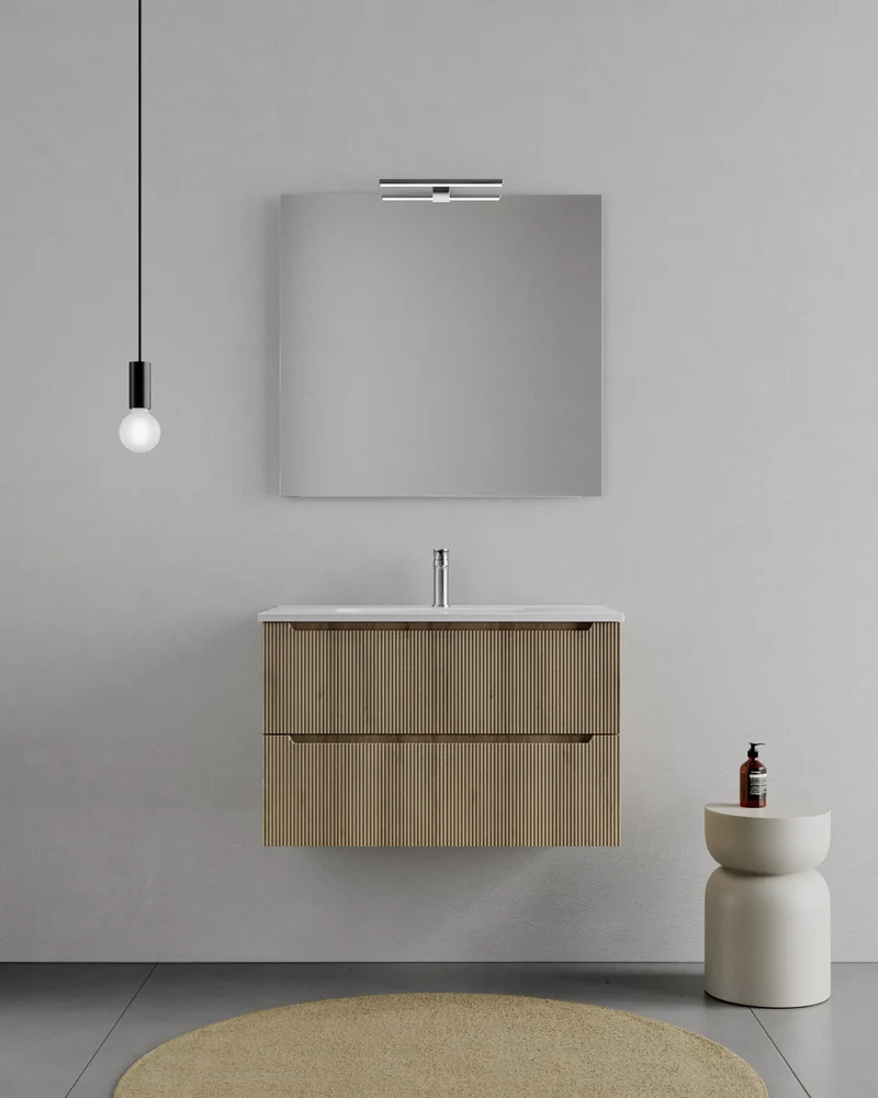 Consolle Bagno Legnox Rigo 80 cm Rovere con 2 Cassetti, Lavabo, Specchio e Lampada