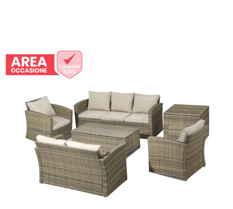 AREA OCCASIONI 2511 Easycomfort Set da Giardino 6 Pezzi in Rattan con Divani, Poltrone e Tavoli Contenitore, Beige