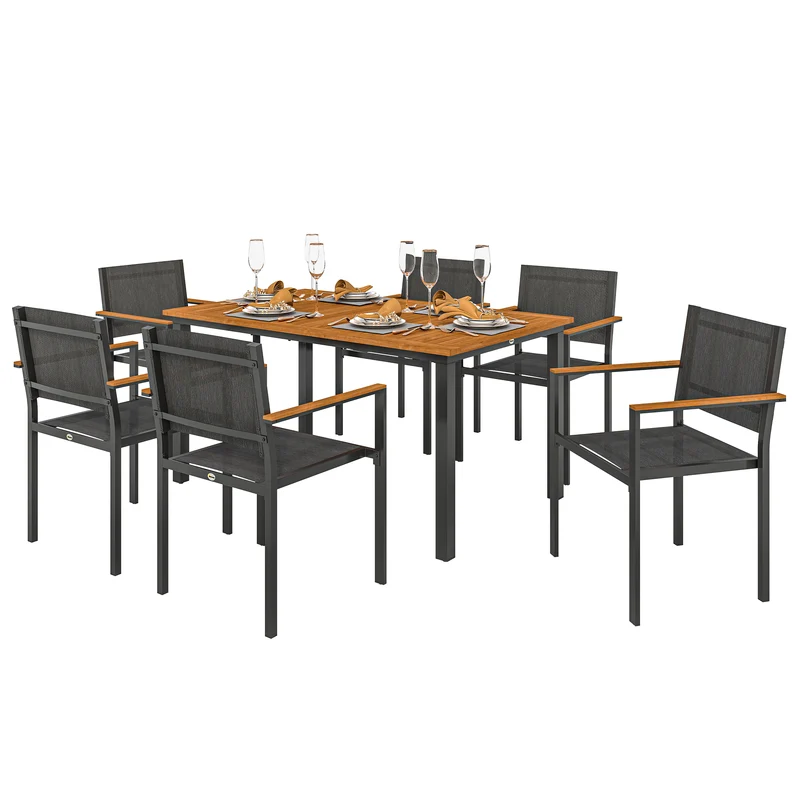 EasyComfort Set da Giardino 7 Pezzi con Tavolo da Pranzo e 6 Sedie Impilabili con Braccioli, Teak